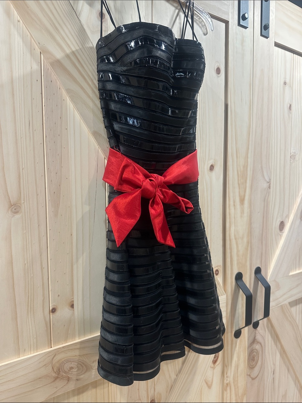 Jovani Black Cocktail Dress with Red Sash Bow